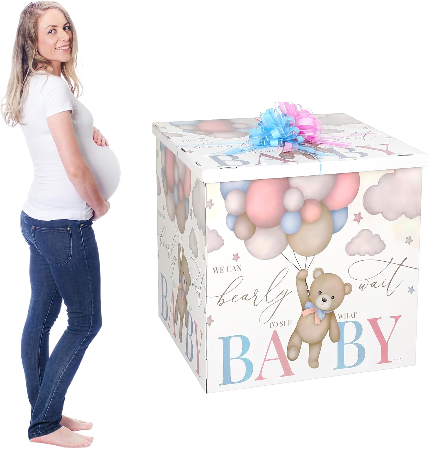 AmazingSpark 28in Jumbo Gender Reveal Gift Box Kit with Oversized Box Giant Pull Bows for Gender Reveal Baby Shower Birthday Party Decor(We Can Bearly Wait)