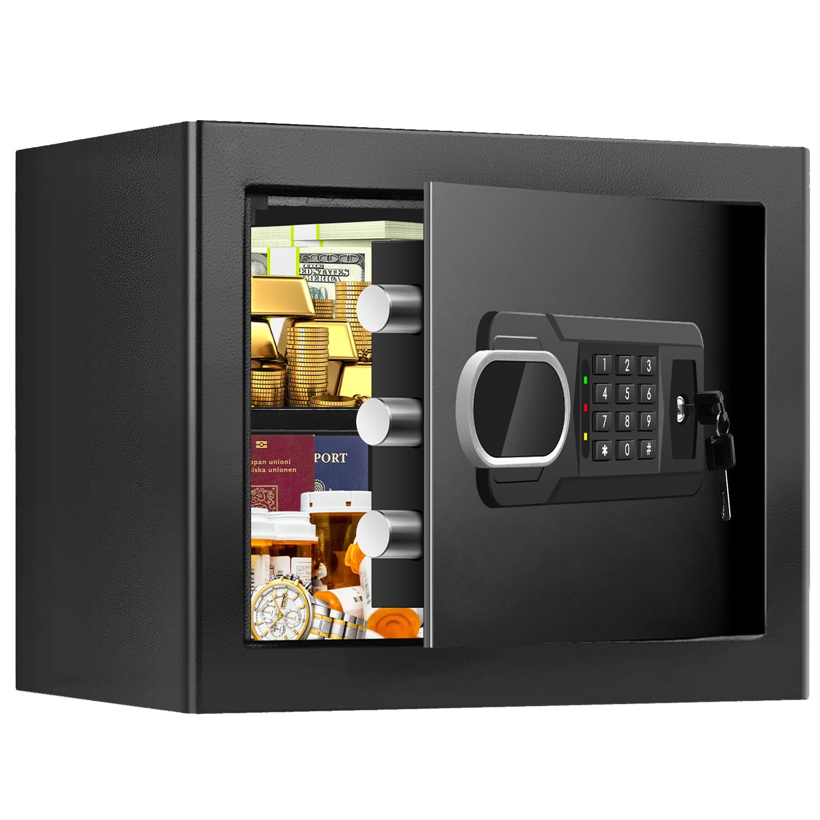Photo 1 of 1.3 Cuft Small Fire Safe Box for Home, Personal Safe with Electronic Keypad and Spare Keys, Home Safes Water and Fireproof with 3 Removable Shelves, Fireproof Document Box for Money Cash