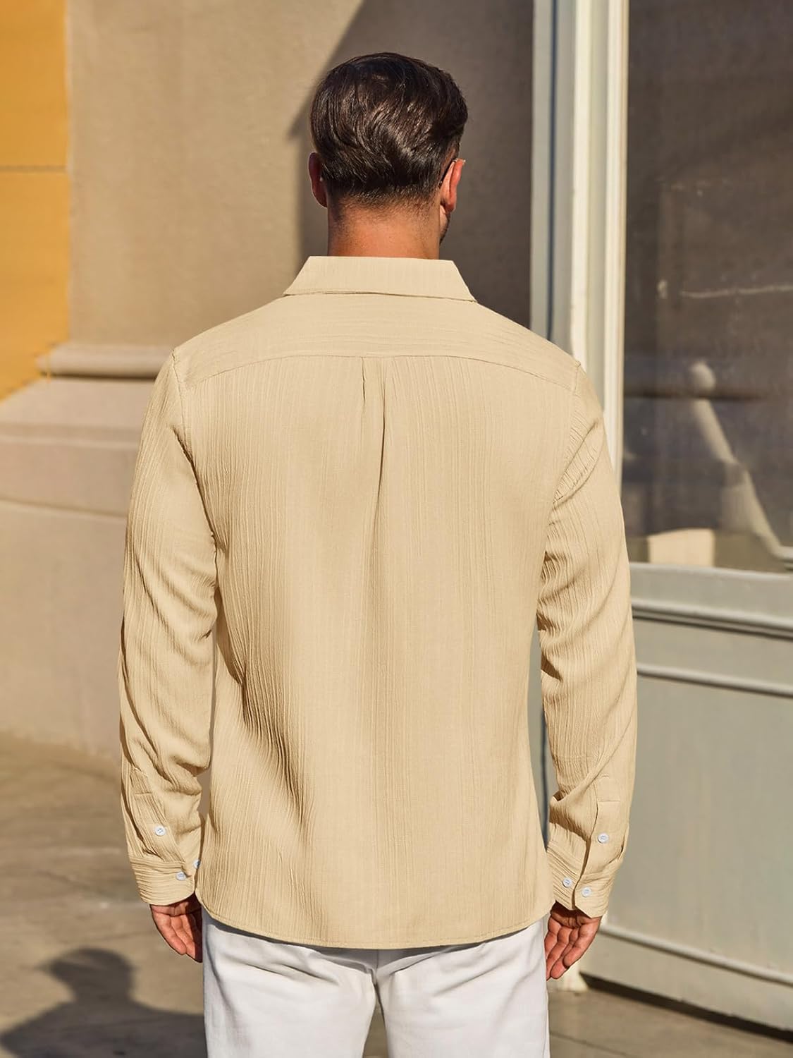 Yousify Mens Button Down Shirts Long Sleeve Casual Textured Dress Shirt Wrinkle-Free Beach Tops with Pocket - Image 3