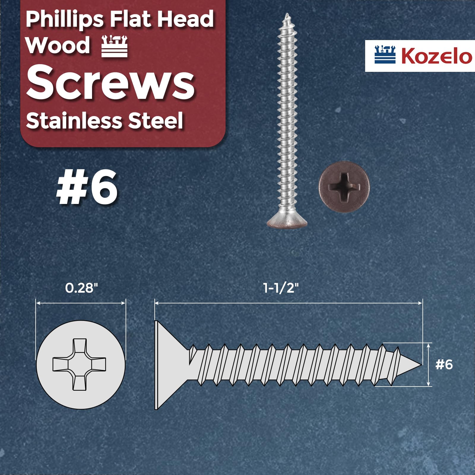 Kozelo 50pcs Phillips Flat Head Wood Screws - Image 2