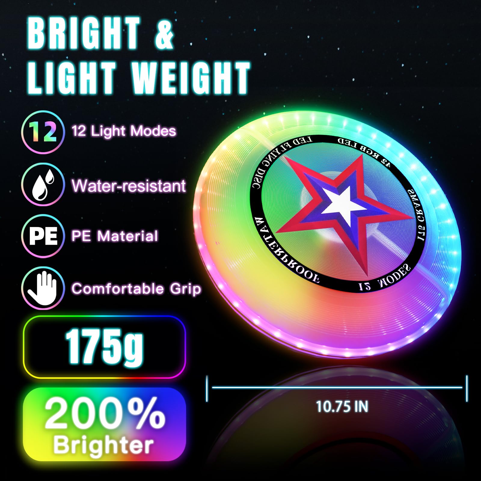 Disque volant à LED, lumineux, 175 g, étanche, pour enfants, adultes, jardin, camping, jeux de lancer, jouet, cadeau pour garçons et filles à partir de 6 ans