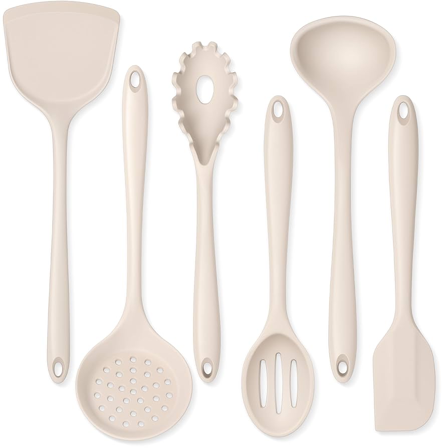 Onader Kitchen Utensils Set, Silicone Non Toxic Cooking Utensils, 6 Pcs Heat Resistant Kitchen Gadgets Set for Nonstick Cookware - Khaki
