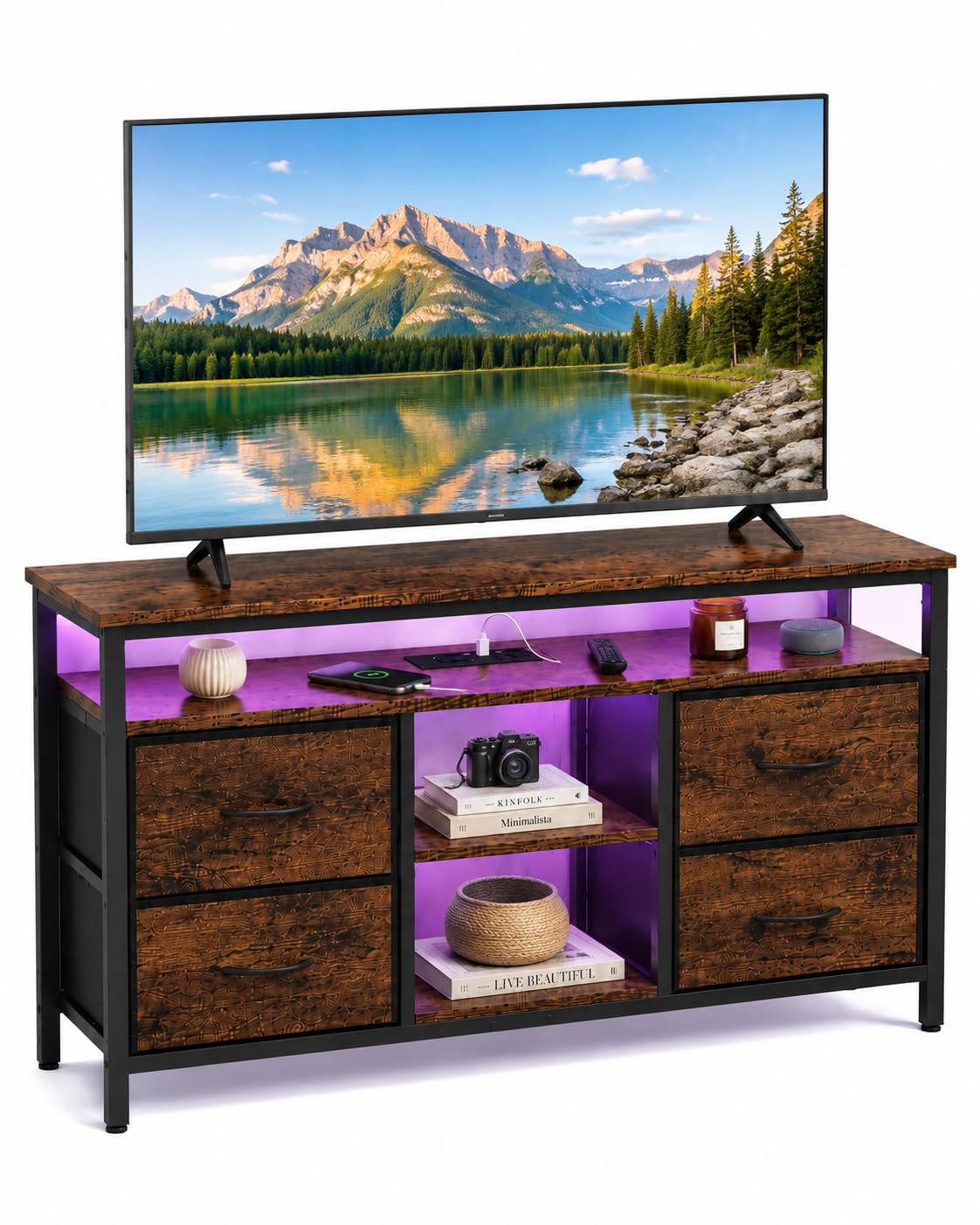 Meuble TV LED Meuble Télé Industriel Noir et Bois 110×30×78cm | PRISES ET RANGEMENT Deux prises et deux ports USB avec câble d’alimentation plus 4 tiroirs en tissu pour un usage quotidien