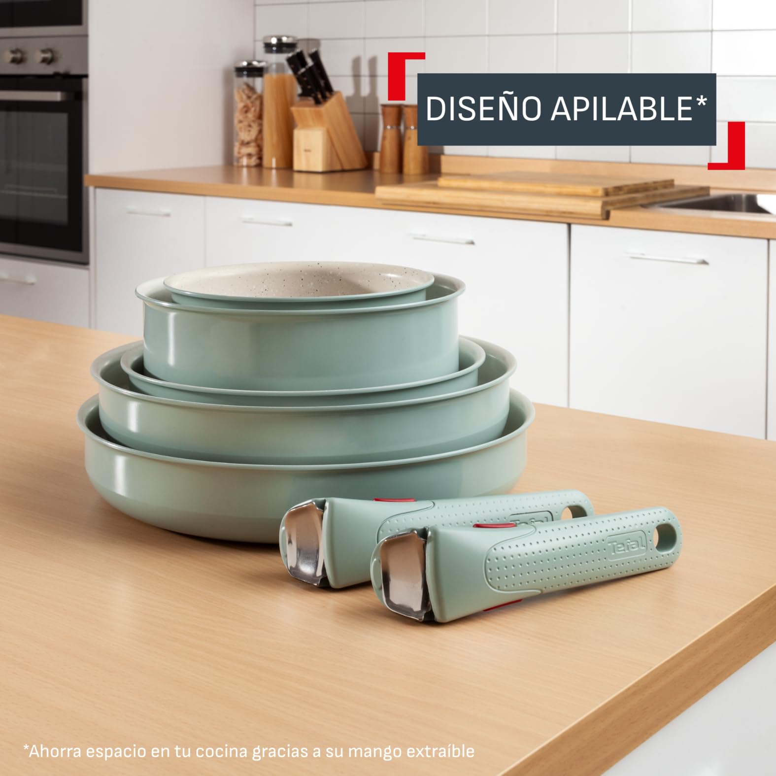 Tefal Ingenio Serenity - Juego de 2 Sartenes 22/28 cm + Wok 26 cm + 2 Cazos 16/20 cm + 4 Accesorios + 2 Mangos, Revestimiento Antiadherente, Apilable, Inducción, Apto lavavajillas y horno, Eucalipto — view 4