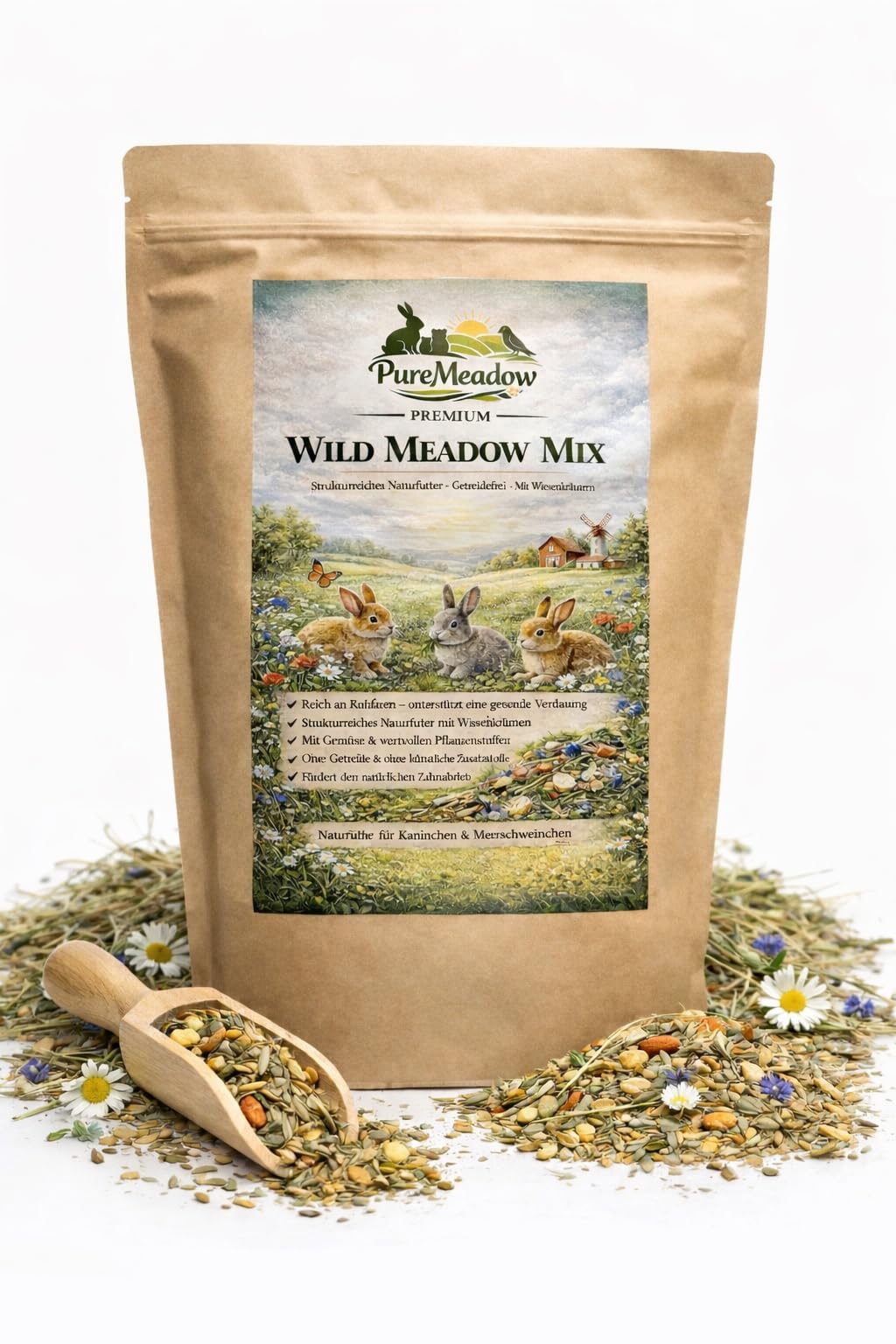 PureMeadow Premium Wild Meadow Mix - Comida natural para conejos y cobayas, sin cereales, con hierbas de prado, 5 kg