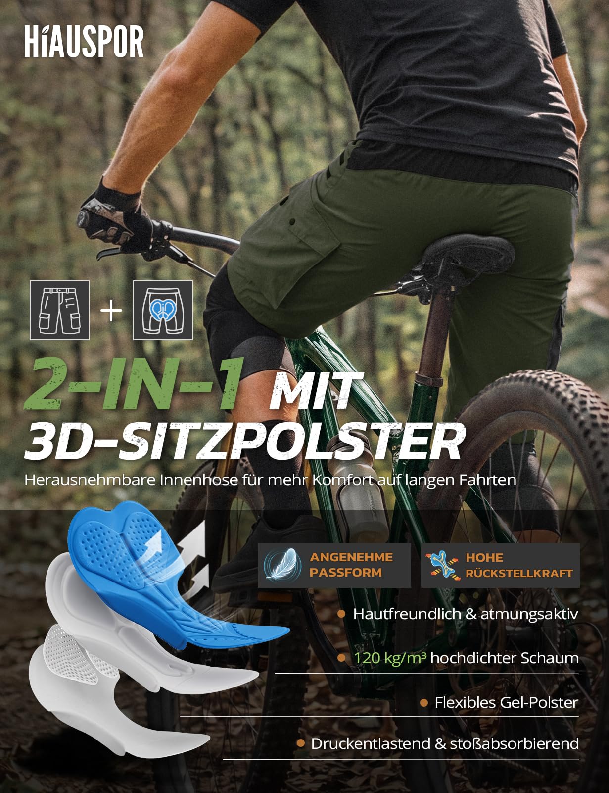 Hiauspor Pantalones Cortos de Ciclismo de montaña para Hombre, de Secado rápido, con Bolsillos con Cremallera MTB Trekking (Multi-Verde, L)