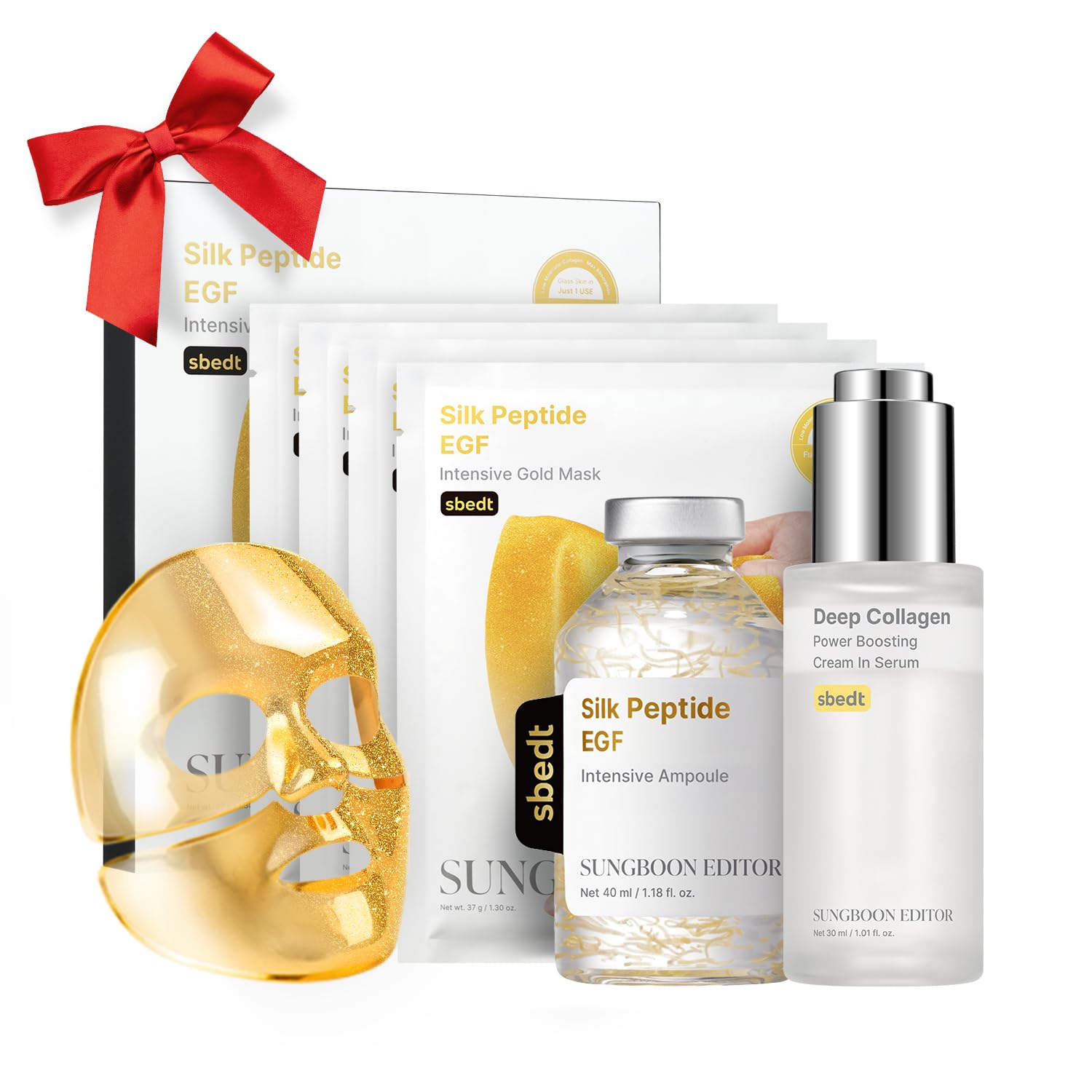 SUNGBOON EDITOR Glass Skin Glow Trio Set, EGF Silk Peptide Ampoule + EGF Gold Overnight Mask + Deep Collagen Serum, Korean Skincare, Gift Set for Women
