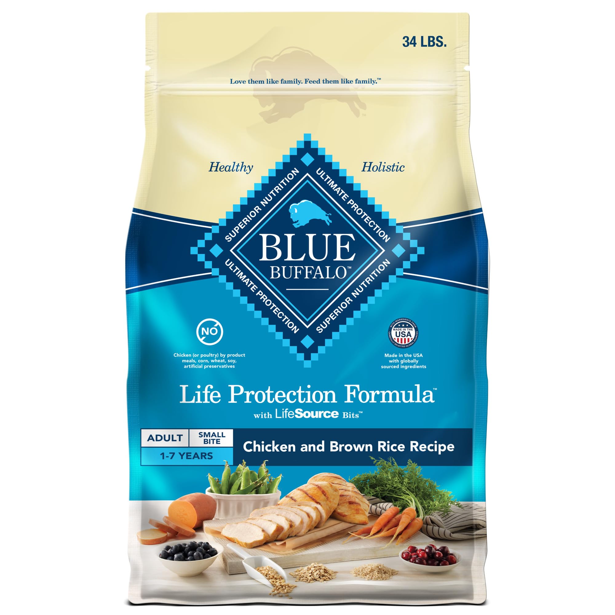 Blue BuffaloLife Protection Formula Adult Small Bite Dry Dog Food, Helps Build and Maintain Strong Muscles, Made with Natural Ingredients, Chicken & Brown Rice Recipe, 34-lb. Bag