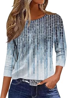 3/4 Sleeve Cotton Tops for Womens Dressy Shirts Crewneck Tops,Women Tunic Casual Loose Fit Shirt Floral Print Blouse
