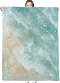 Beach Blanket Coastal Landscape with Soft Wave and Aqua Blue Throw Blankets Lightweight Flannel Ocean Watercolor Throws for Camping Couch Chair Bed Home Decor Gifts for Adults,60x50inch