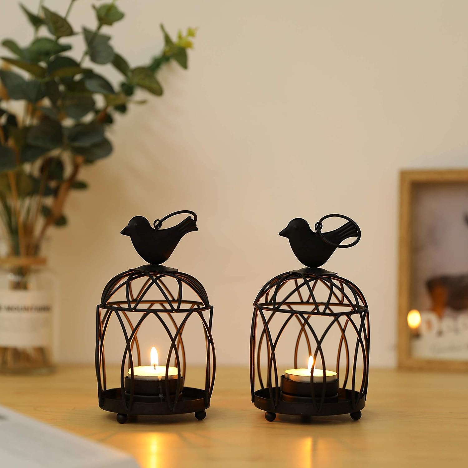 JHY DESIGN 2 portavelas de Metal pequeño para Colgar candelabros Decorativos de Velas en Jaula de pájaros, portavelas de Metal para Bodas, Fiestas, Patios, Interiores y exteriore(Negro)