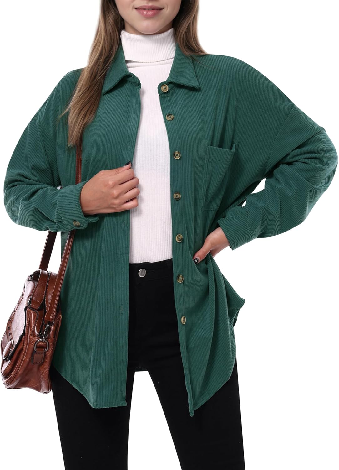 Women's Corduroy Shacket Jacket - Oversized Button Down Long Sleeve Shirt with Pocket for Casual Spring Fall