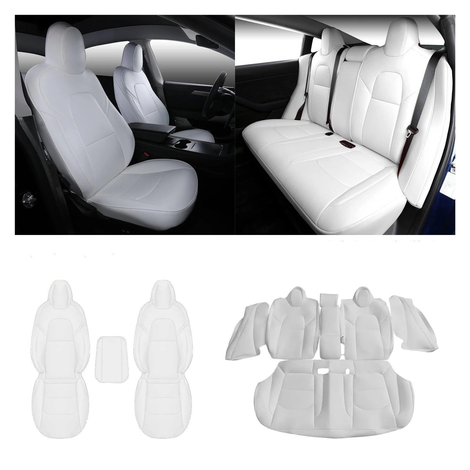 Juegos de funda de asiento Funda Cuero Para Asiento Coche Para Tesla Para Model Y 2020-2024, Protector Cojín, Juego Completo(Blanco)