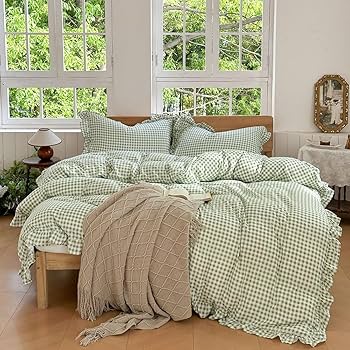 NSNLGSGC Sage Green Gingham Ruffle Duvet Cover King Size, 3