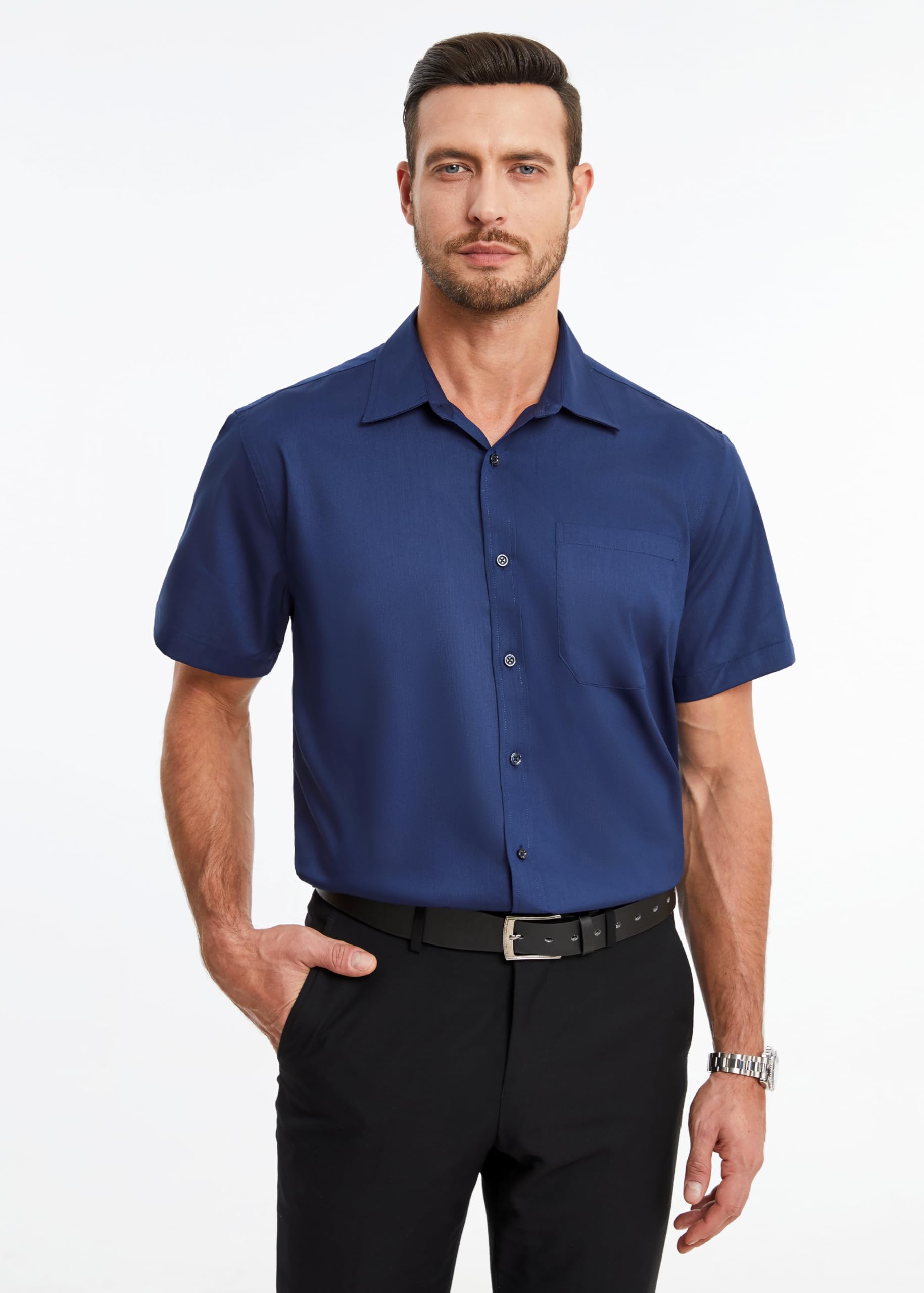 HISDERN Camicia Maniche Corte Uomo Camicia Uomo Estiva in Fibra di bambù Camicie Regular Business con Bottoni e Tasche
