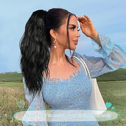 Miniatura 2 de Ponytail Extension, 18 Inch Claw Clip Ponytail Hair Extension for Women Curly Wavy Multi Layered Soft Synthetic Black Hair Pony Tails Hairpiece for