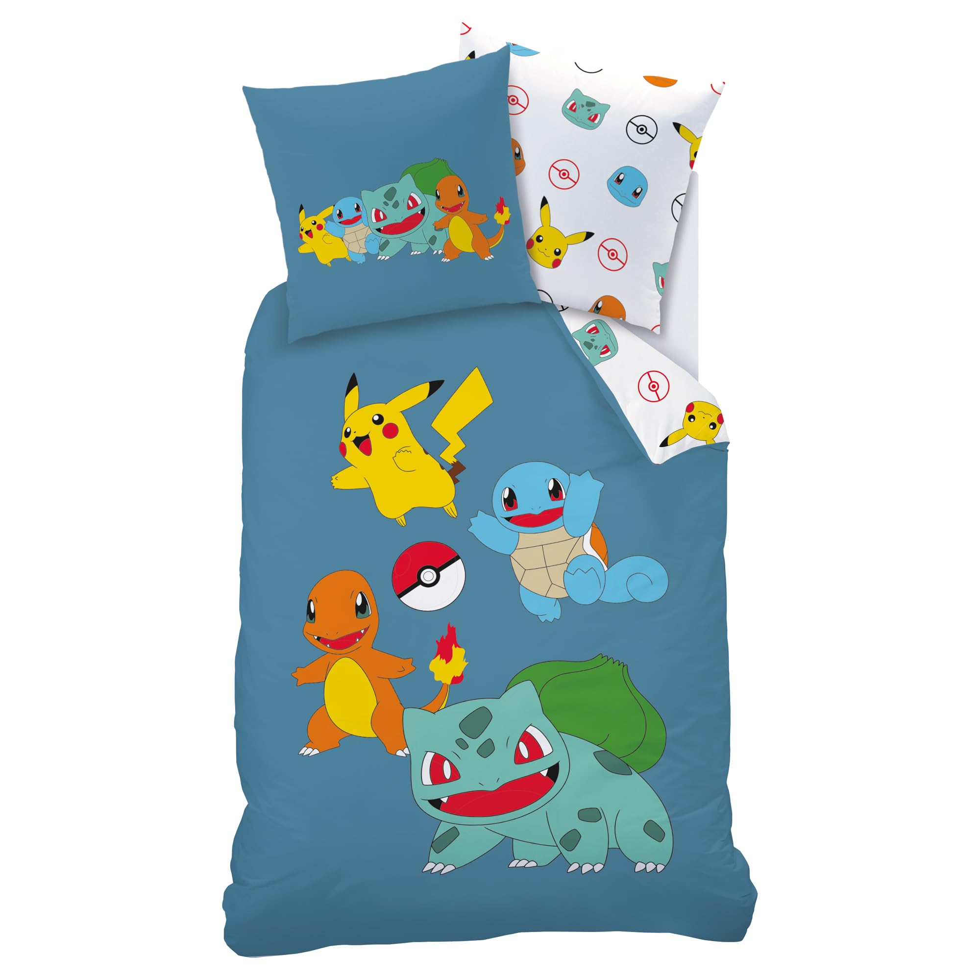 Pokémon Power Parure de lit imprimée 100% Coton - Licence Officielle | Housse de Couette 140x200 cm + 1 taie 63x63 cm | Fermeture boutons | Chambre enfant, lit 1 place | Certification Oeko-Tex