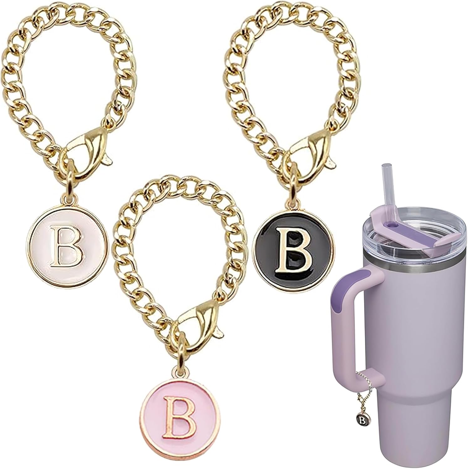 Letter Charm Accessories for Stanley Cup, 3Pcs Initial Chain Water Bottle Handle Name Id Charm for Tumbler Cups-B