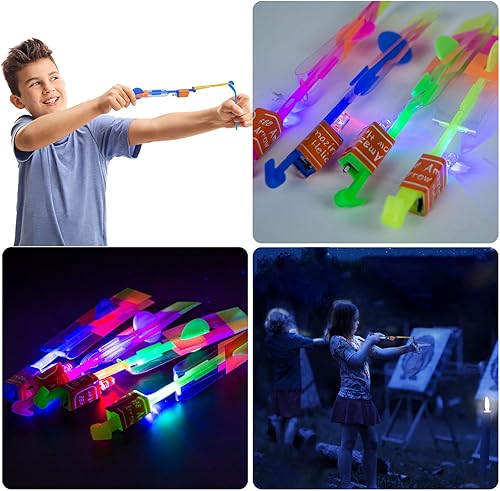 Miniatura 4 de 100 lanzacohetes para niños, 50 tirachinas + 50 helicópteros brillantes, cohete de dedo con luces LED, juguetes voladores que brillan en la