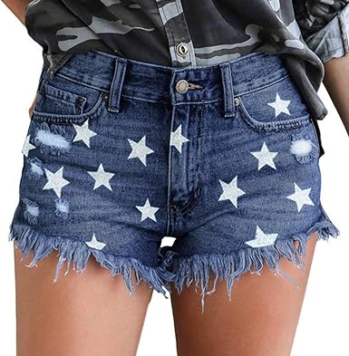 Amazon.com: Xil - Pantalones cortos de mezclilla para mujer con estampado  sólido de cintura alta, pantalones vaqueros llamaradas tobillo moda pantalones  cortos : Ropa, Zapatos y Joyería