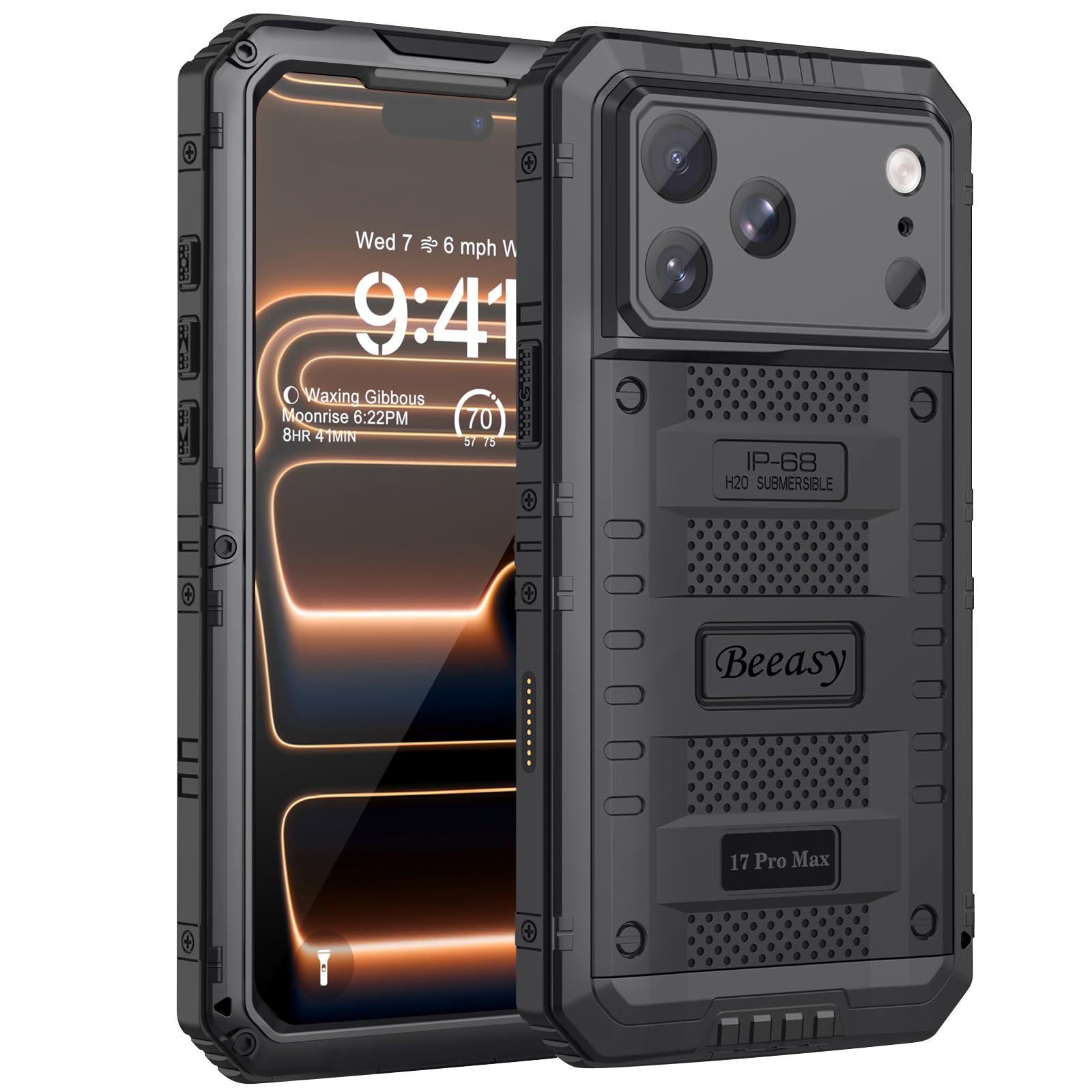 Beeasy Cover per iPhone 17 Pro Max IP68 Impermeabile Custodia Militare Antiurto Resistente 360° Metallo Armor Protezione Schermo Integrata Rugged Robusta Indistruttibile Subacquea Antipolvere Nero