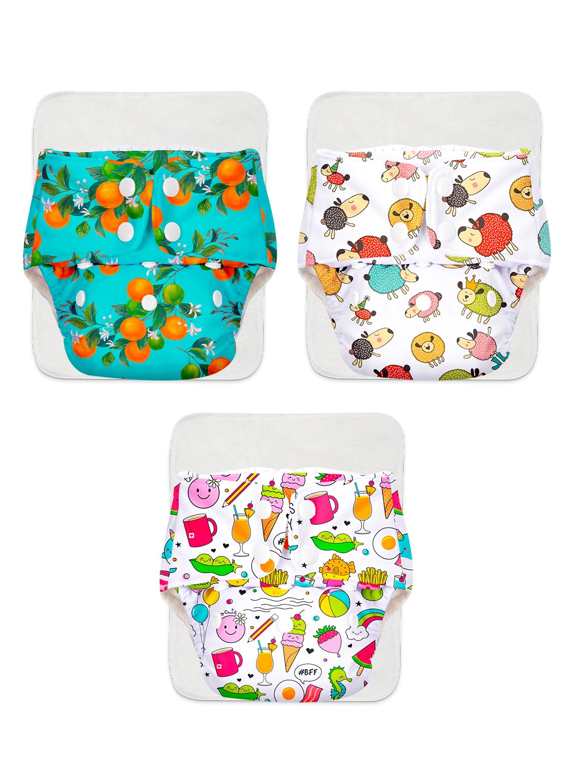 SuperBottoms BASIC EASY - Pack of 3 |3 Cloth Diapers+ 3 Inserts - Freesize Adjustable and Reusable Cloth Diaper for babies 0-3 Years | With quick drying prefold style soaker-Assorted