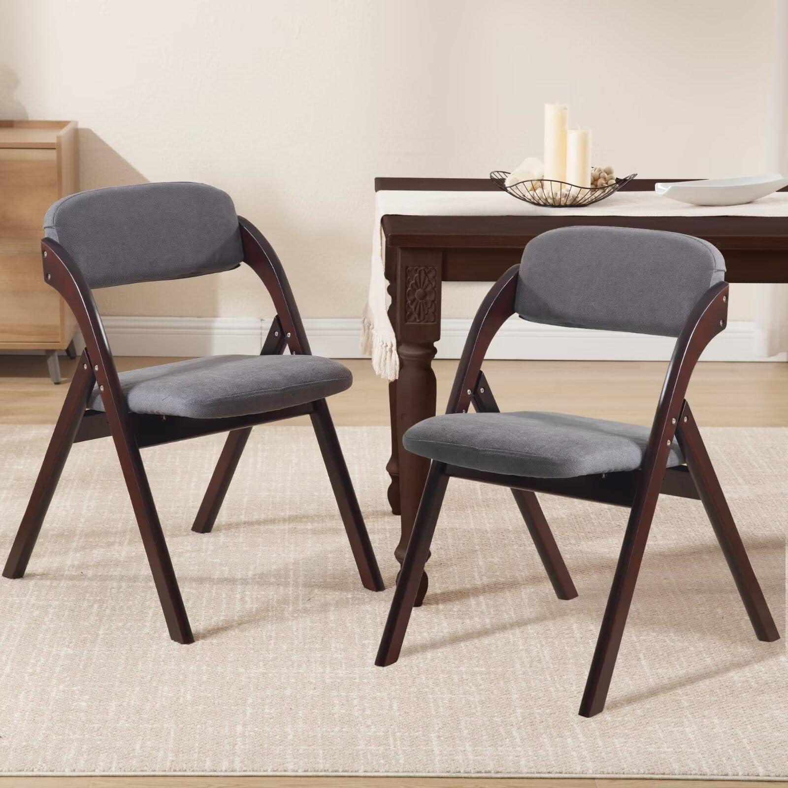 YUUIJOAA 2-Pack Folding Chairs with Cushion Walnut Wooden Padded Foldable Chair Portable Linen Seat for Dining Rooms Wedding Parties Offices Indoor