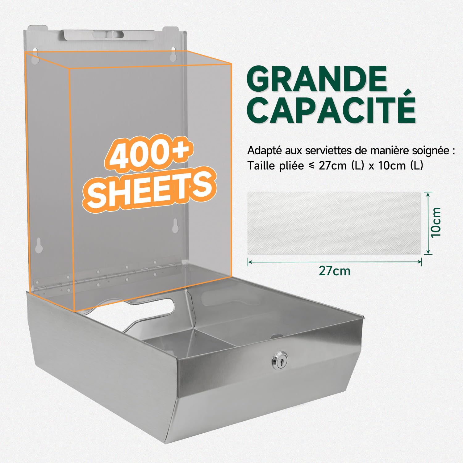 anydry Distributeur de Serviettes en Papier Commercial monté sur Mur – Capacité de 400 Feuilles, INOX Brossé, verrouillable,multifold/Z-Fold (Taille pliée ≤ 27 cm x 10 cm) Brossé