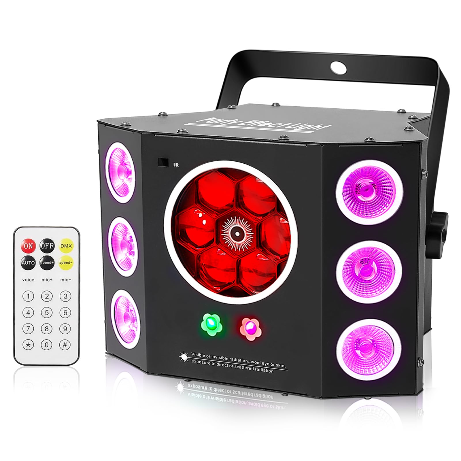 Party-Lichter, Disco-Licht, DJ-Lichter, 4in1 LED-Stroboskop-Bienenaugen-Waschlichter und rot-grüner Strahl-Gobos-Effekt, 16-Kanal-DMX mit aktiviertem Ton für die Weihnachts-Halloween-Party