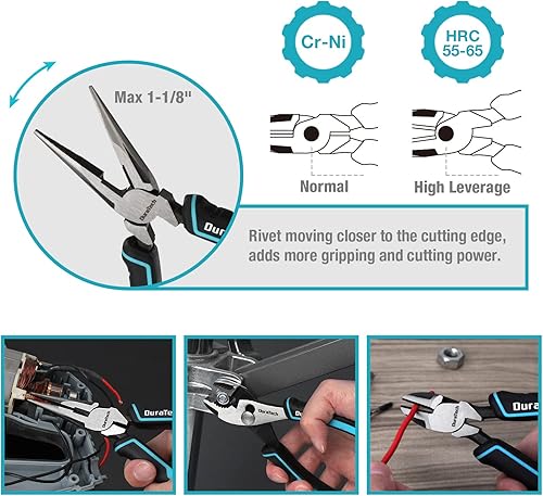 Miniatura 3 de DURATECH Juego de alicates Cr-Ni de 5 piezas, nariz larga de 6 pulgadas, junta deslizante, corte diagonal, línea de 8 pulgadas, alicates para juntas