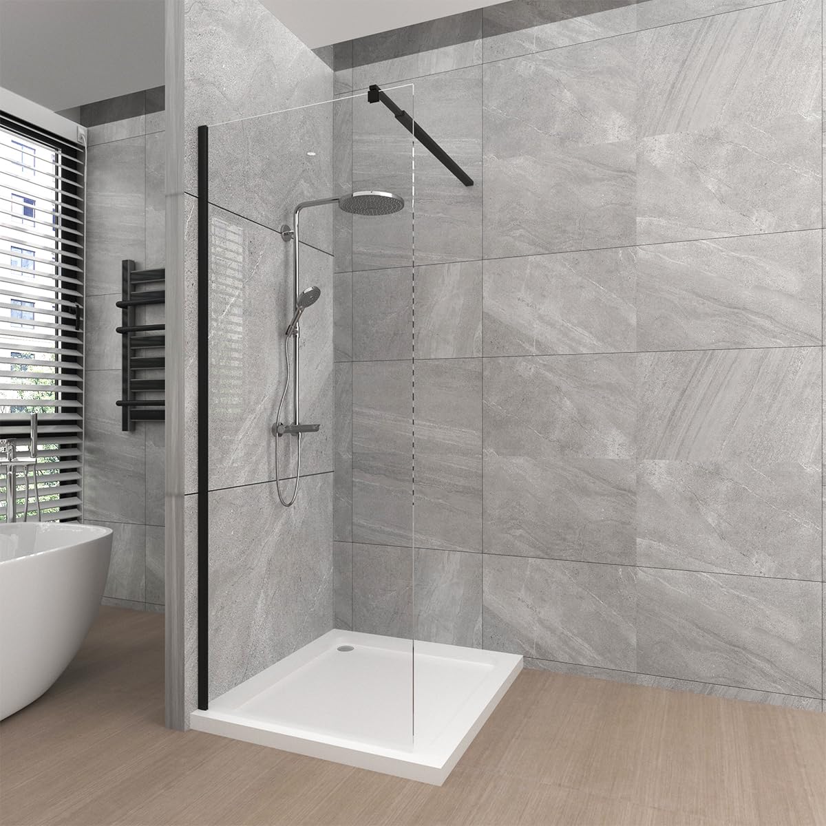 T&K 800x1900mm Walk in Shower Enclosure Wetroom Shower Screen Panel Chrome Framed, 8mm Tougheded Glass Safety Double-Sided Easy Clean Glass with Telescopic Support Bar