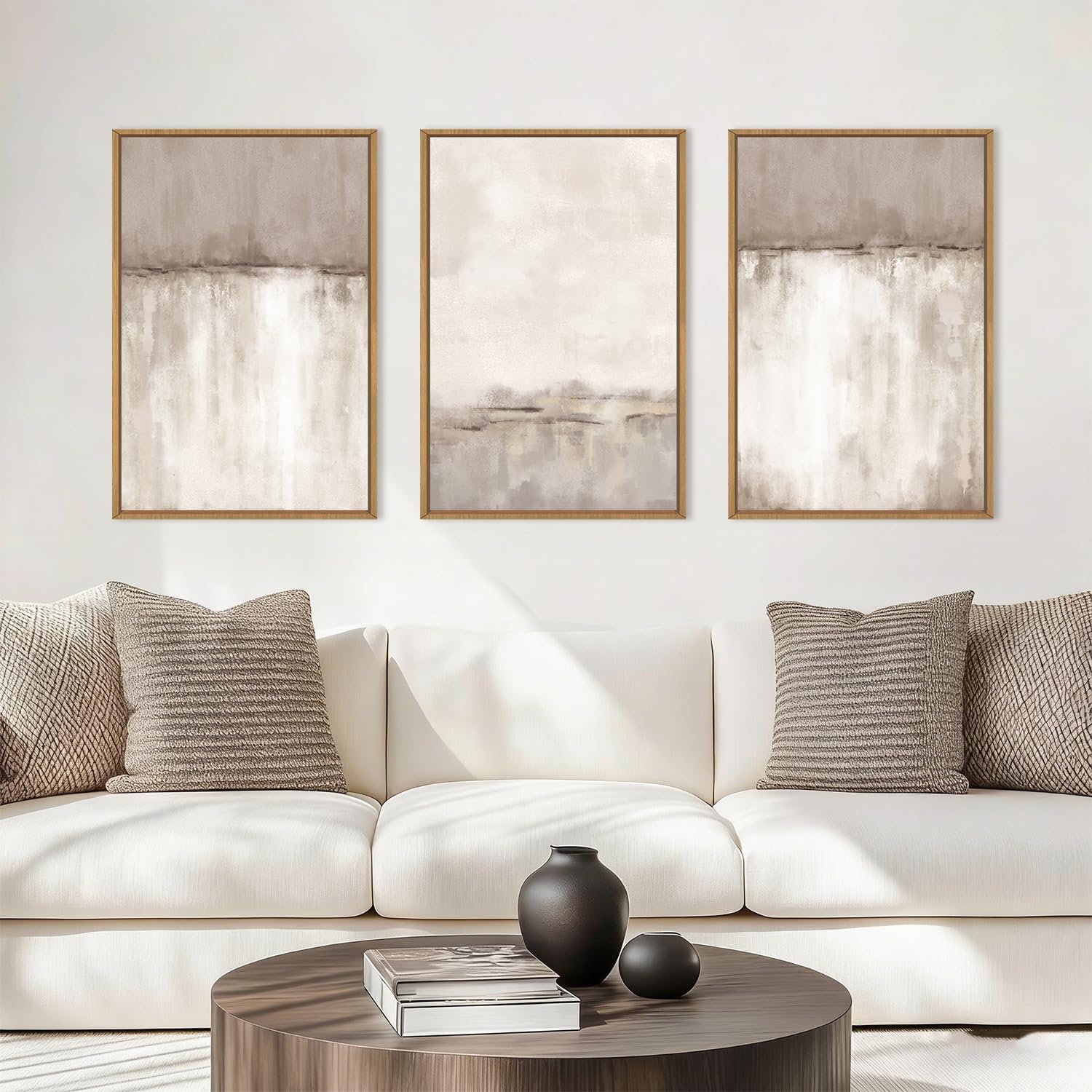 KAIRNE Large Neutral Abstract Gray Framed Canvas Wall Art Set-16"x24"x3