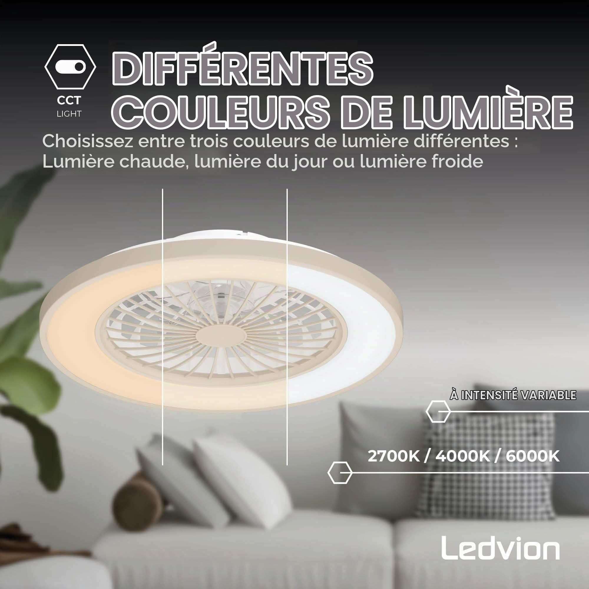 Ledvion - Ventilateur de Plafond avec Lumière, 49cm, Beige, 48W, 5200Lm, (2700k/4000K/6000K), 3 températures de couleur, 5 vitesses, Intensité variable, Télécommande, été-hiver, Ventilateur | Pour un mouvement d'air agréable dans le salon ou la chambre à
