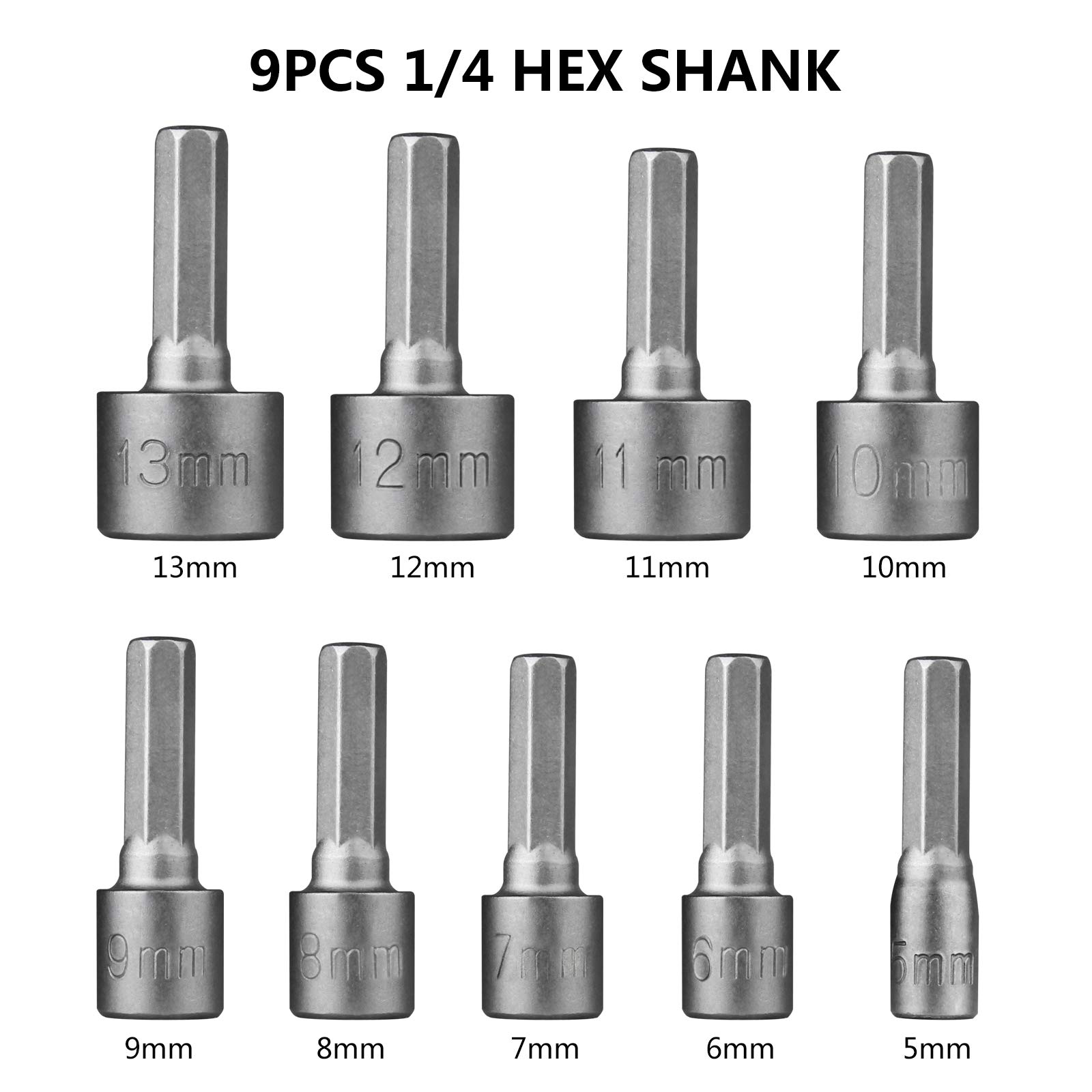 HPHOPE 9 Pcs Socket Spanner Set 5-13mm Socket Bit Adapter 1/4 Inch Hex Shank, Suitable for Hand Drills Electric Drills and Screwdrivers - Image 2