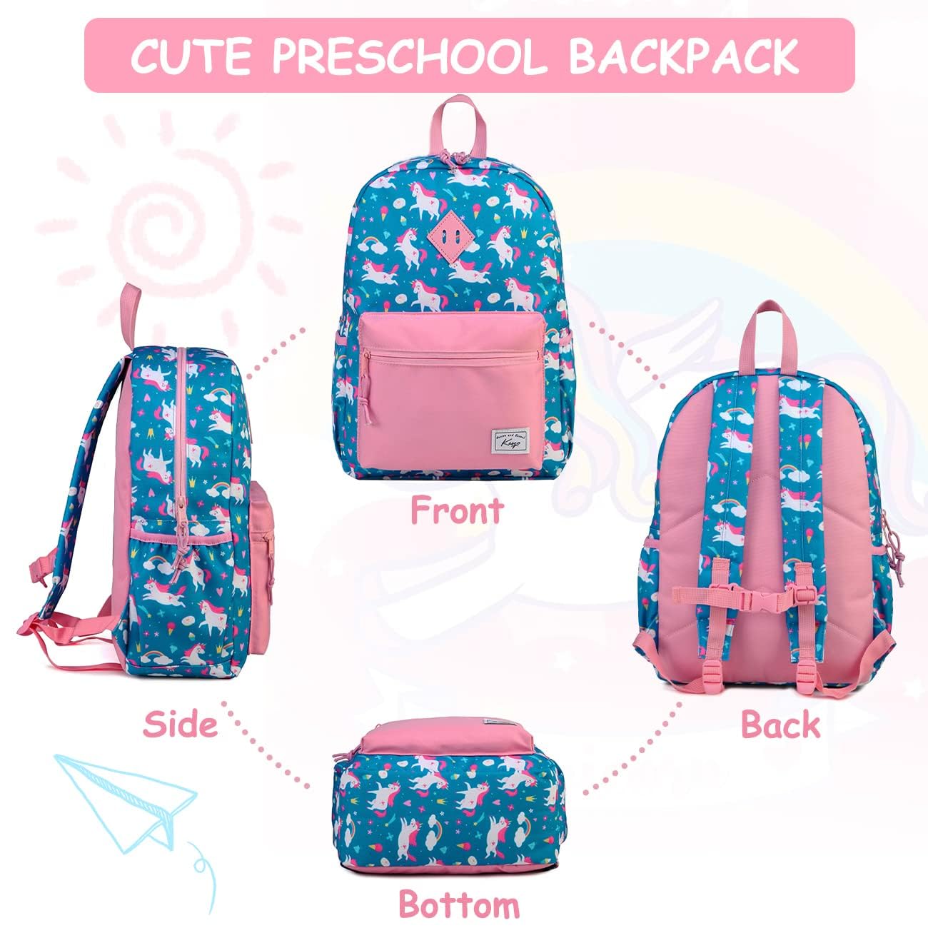 Mochila Escolar Infantil, 13L Mochila de Colegio para Niños y Niñas 4-7 años, Resistente al Agua, Apta para Carpeta A4, Correa de Pecho (Unicornio Azul)
