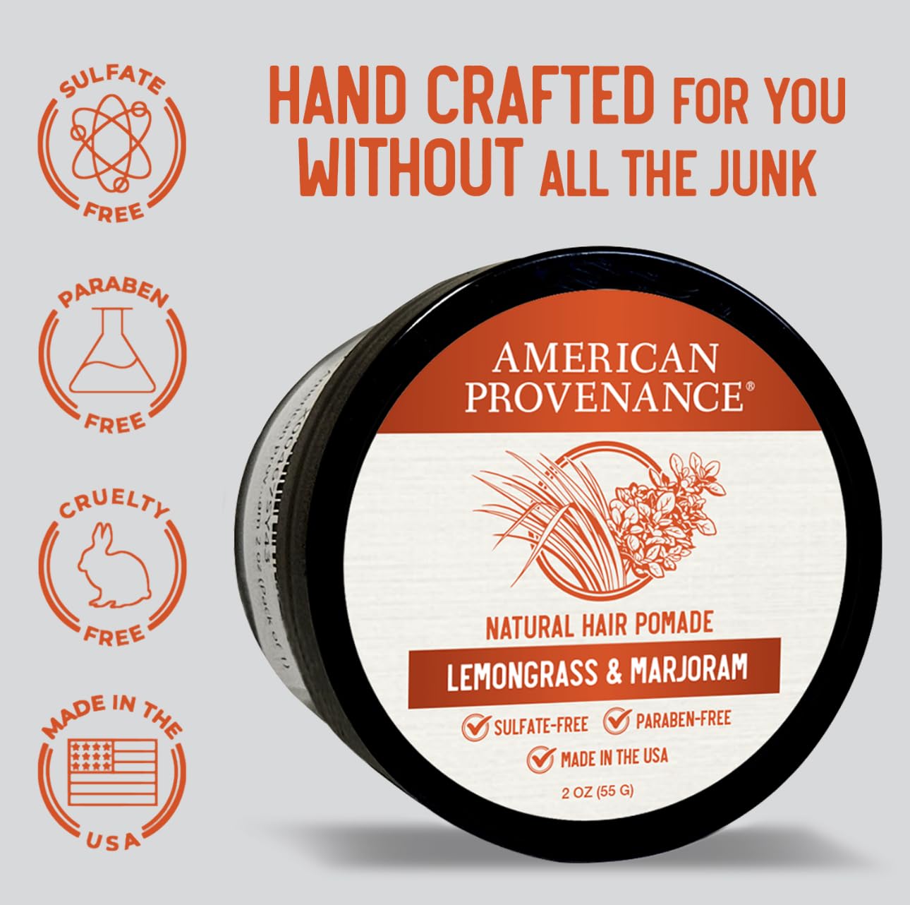 American Provenance Premium Natural Hair Pomade for Women and Men with Shea Butter, Jojoba Oil, Argan Oil - Grooming Balm that Conditions and Styles Hair | Lemongrass and Marjoram 2 oz (Pack of 1)
