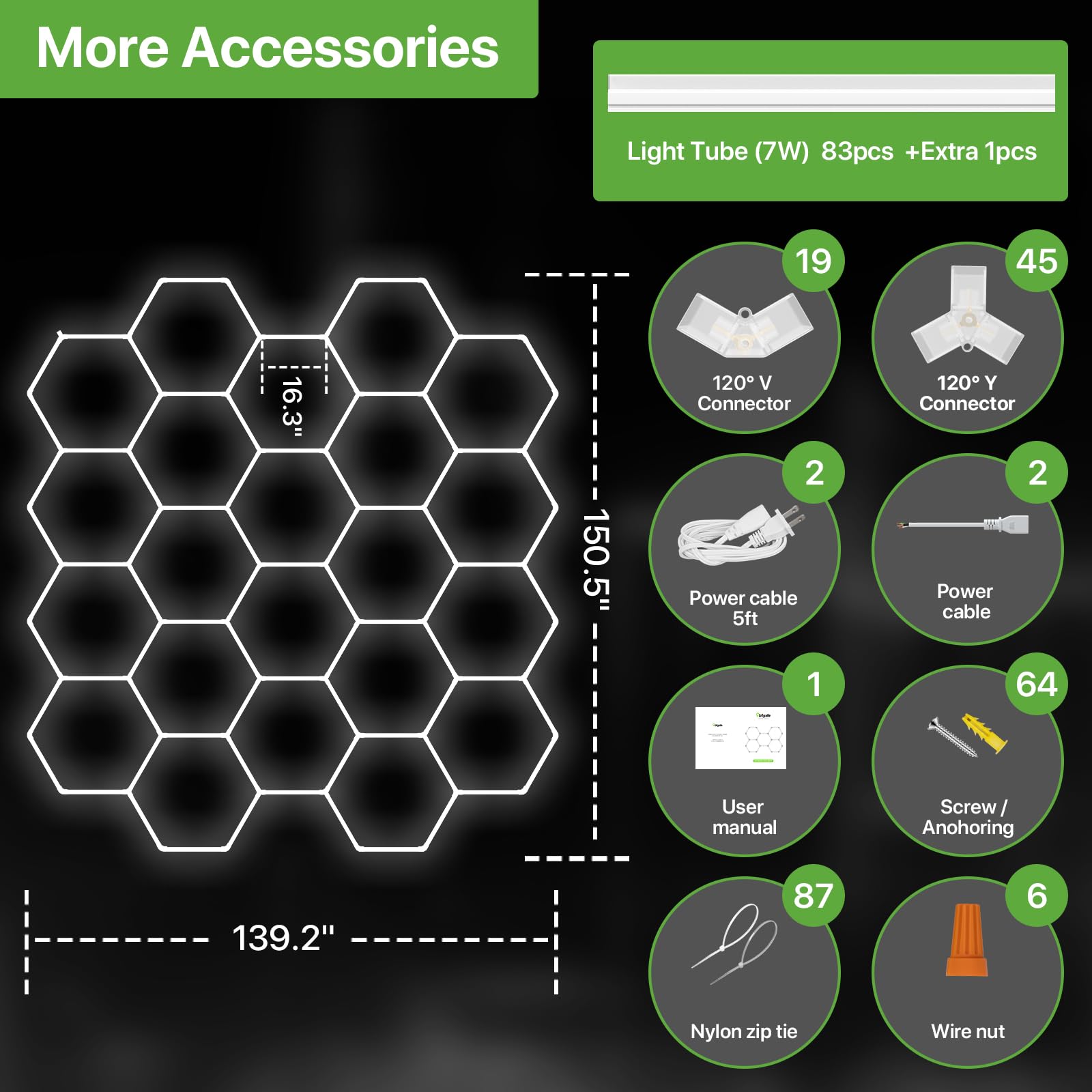 Glitgate Luz LED hexagonal para garaje, 581 W, 63910 lm, sistema de iluminación hexagonal de 22 rejillas, luz de techo ultra brillante de 6500 K para garaje, tienda de detalles de automóviles, taller