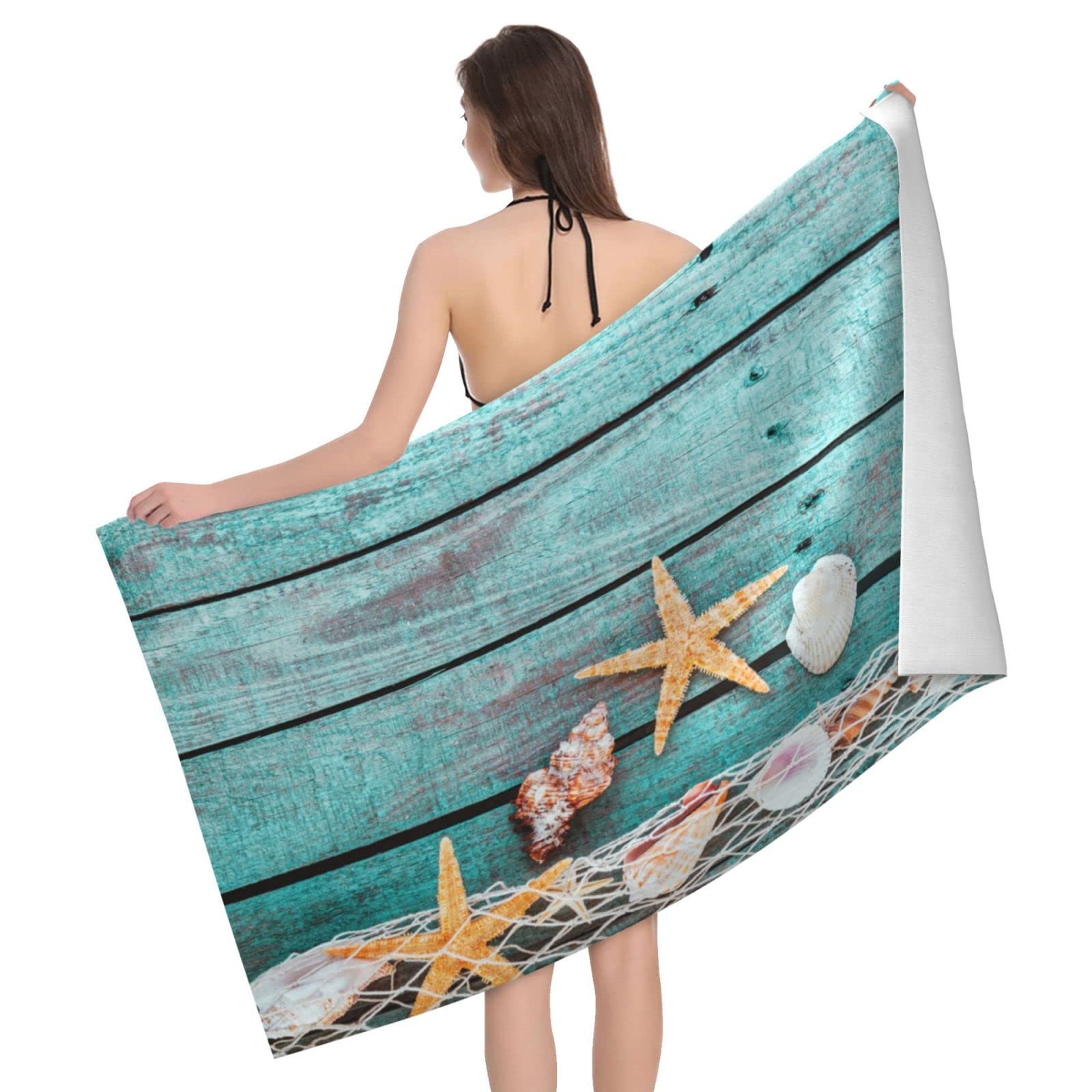 Lawenp Conch and Starfish Beach Towel, Lightweight Sand Free Quick Dry Microfiber Absorbent Bath Towel for Kids, Adults, Swimming, Bath, Yoga, Pool, Travel, Camping 32"X52"