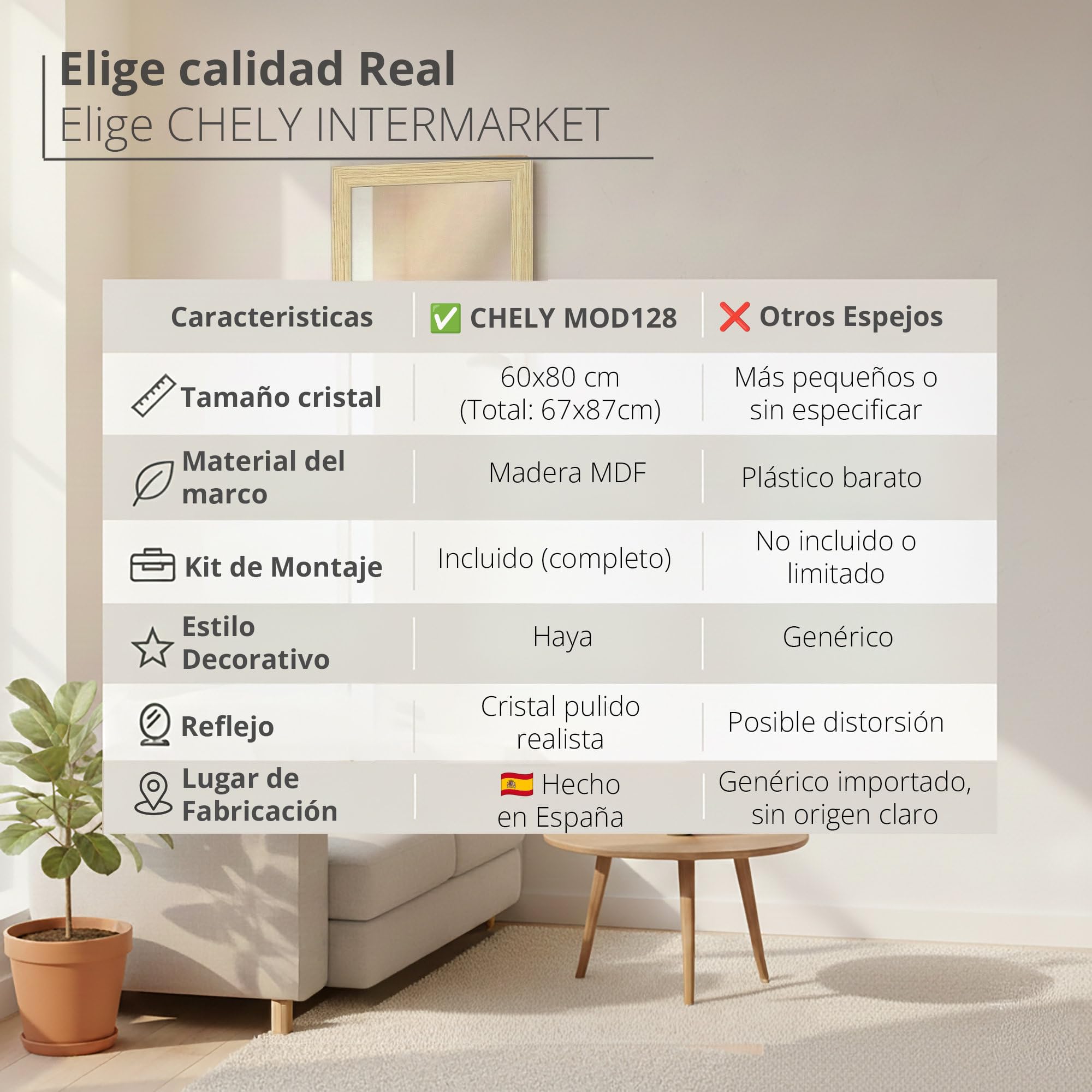 CHELY INTERMARKET MOD128 Espejo Pared Vertical Decorativo Grande Estilo Moderno Marco Madera Cuerpo Entero Elegante 60x80 cm Haya Ideal Recibidor Dormitorio Baño Incluye Kit Montaje