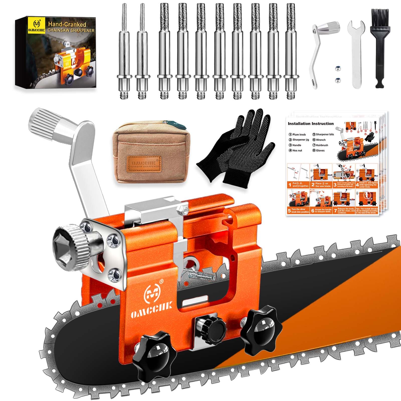 Kit per affilare motosega con borsa per il trasporto, strumento per affilare motosega con 10 acciai per affilare affilatrice portatile a manovella per motosega, accessori per affilatura per