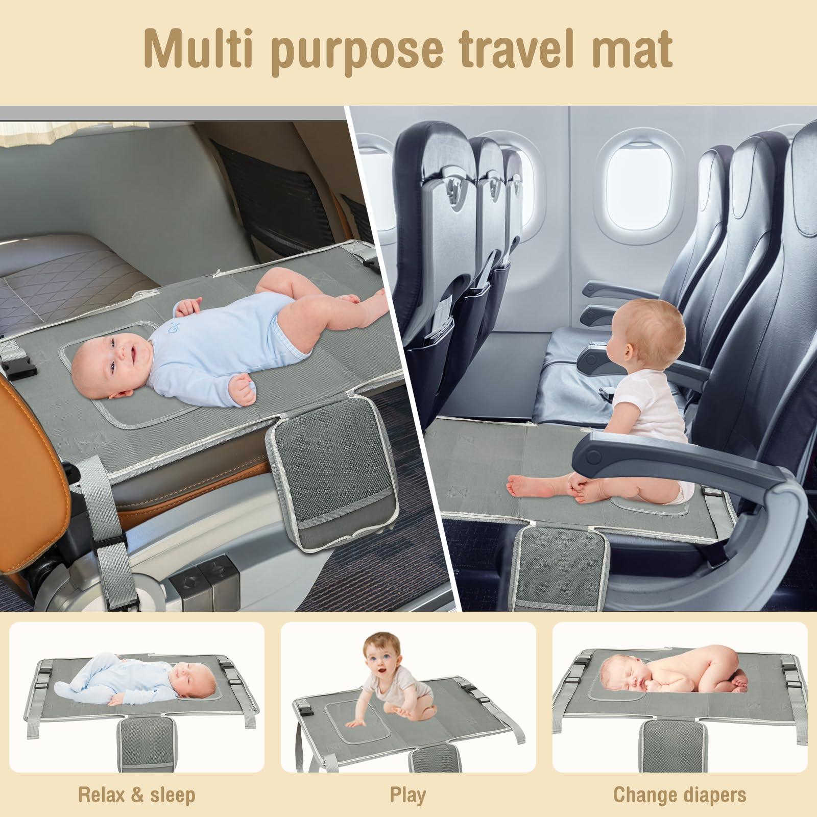 GUIJZSLTRG Portable Toddler Airplane Bed 44x76cm Oxford Cloth Kids Airplane Seat Extender with Side Pocket Plane Foot Hammock Safe Baby Plane Travel Essentials for Long Trip Sleeping & Rest - Image 4