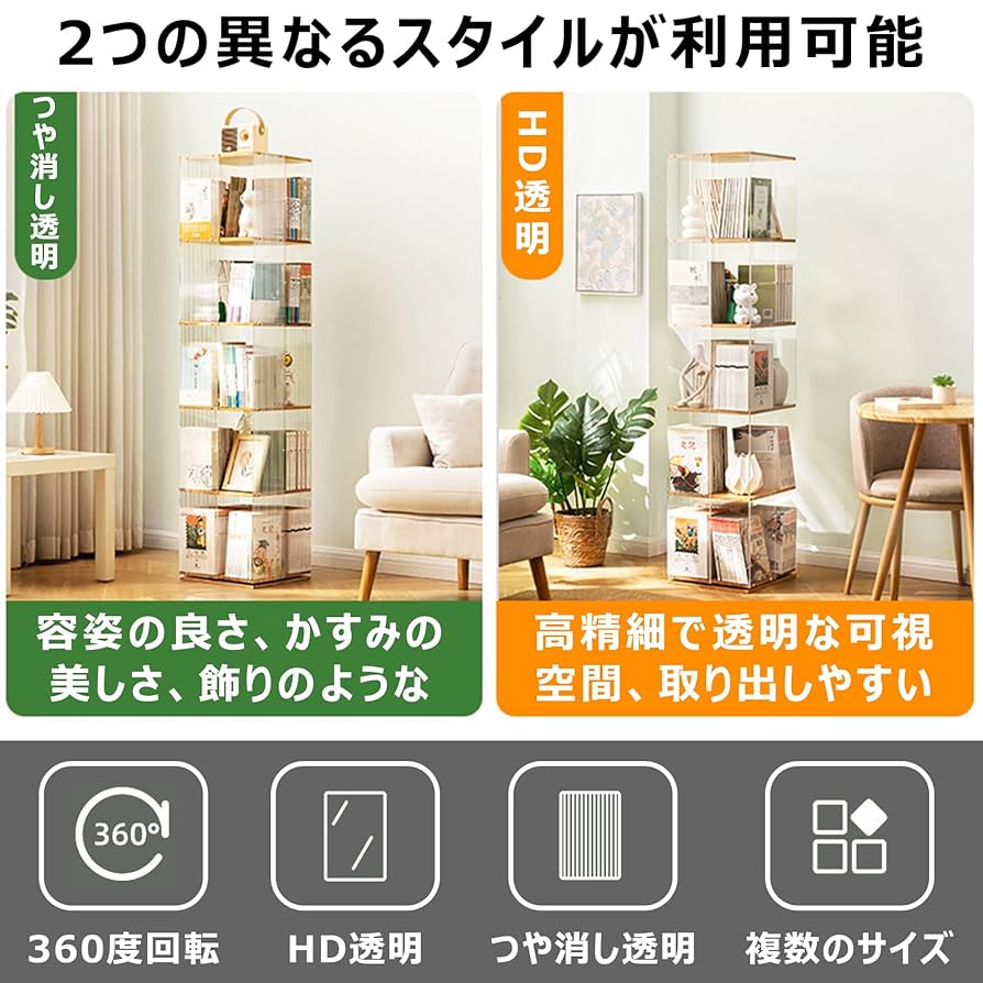 棚 360°回転 透明アクリル 本棚 絵本ラック　5段 棚 360°回転 透明アクリル 本棚 絵本ラック 5段 本棚・絵本棚