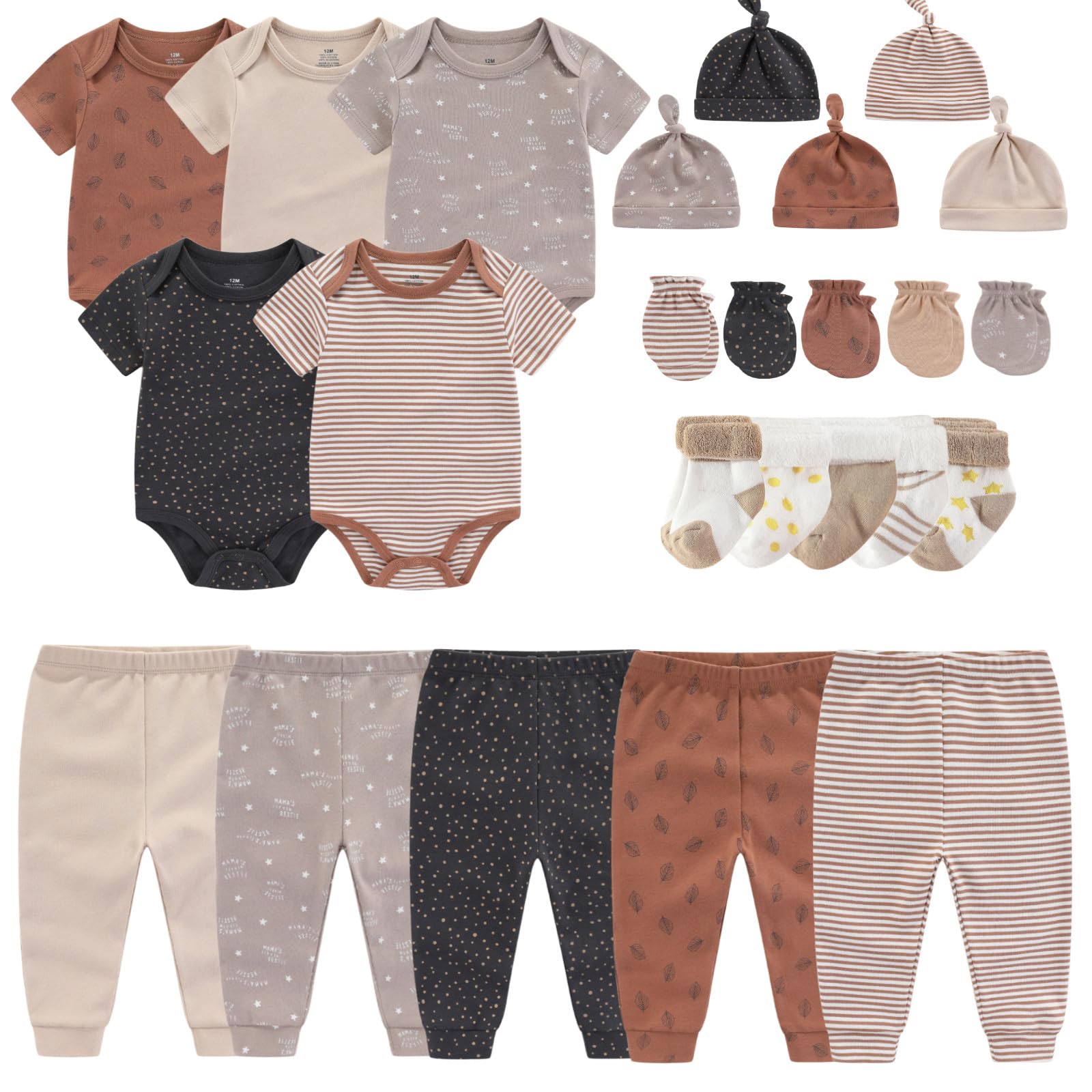 MAMIMAKA Newborn Layette Gift Set Bodysuits Pants for Baby Girl and Boy 24 Piece 100% Cotton Essentials and Accessories
