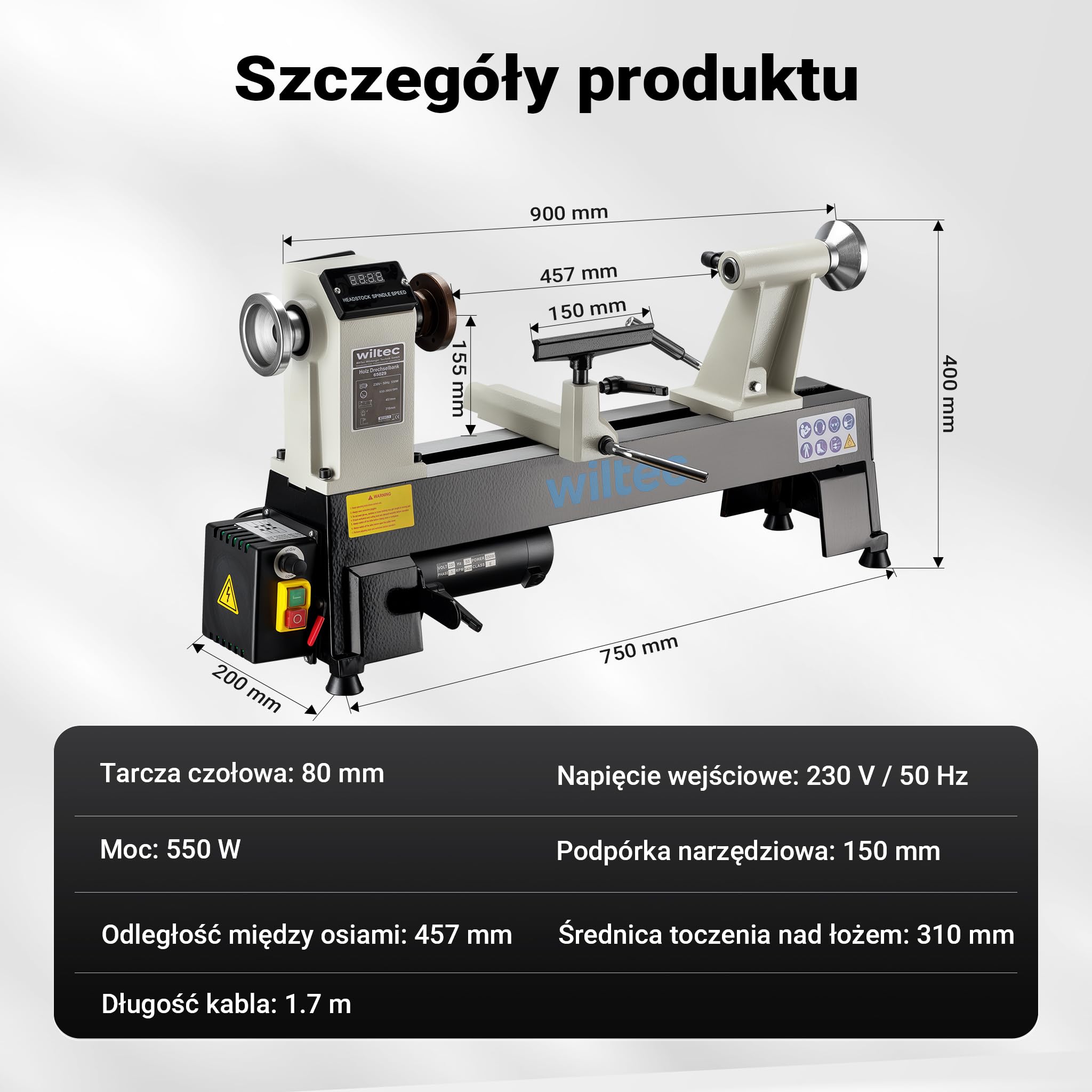 Wiltec Tokarka do drewna 550 W o regulowanej prędkości 650-3800 obr/min do obróbki drewna do 457 mm długości i 310 mm średnicy z akcesoriami