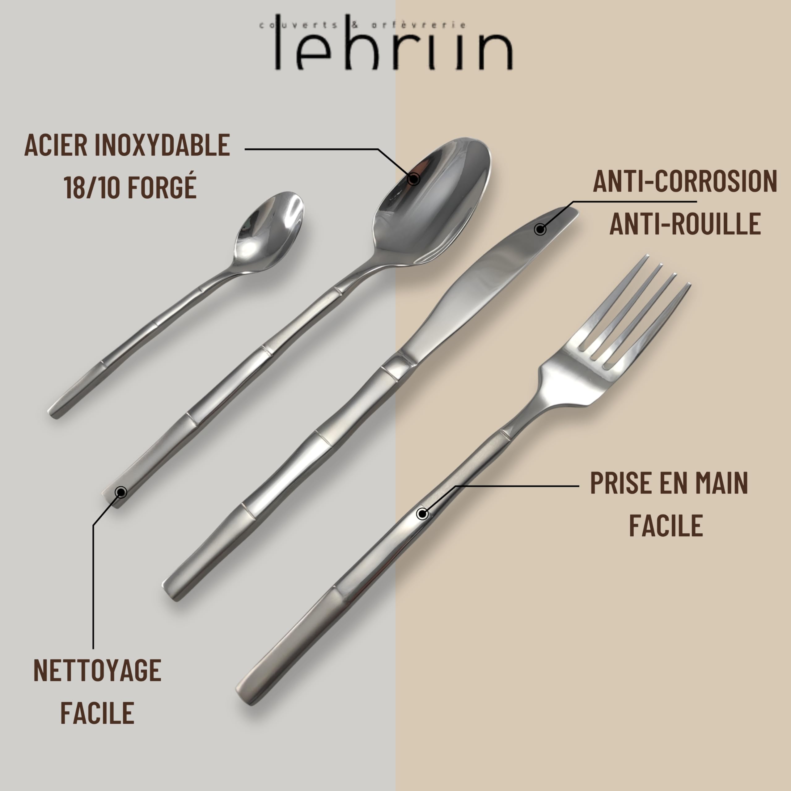 Lebrun Cubiertos BAMBOU – Cubertería de 24 piezas – Vajilla para 6 personas – Juego de 6 tenedores, 6 cuchillos de mesa, 6 cucharadas, 6 cucharaditas – Diseño moderno – Marca francesa