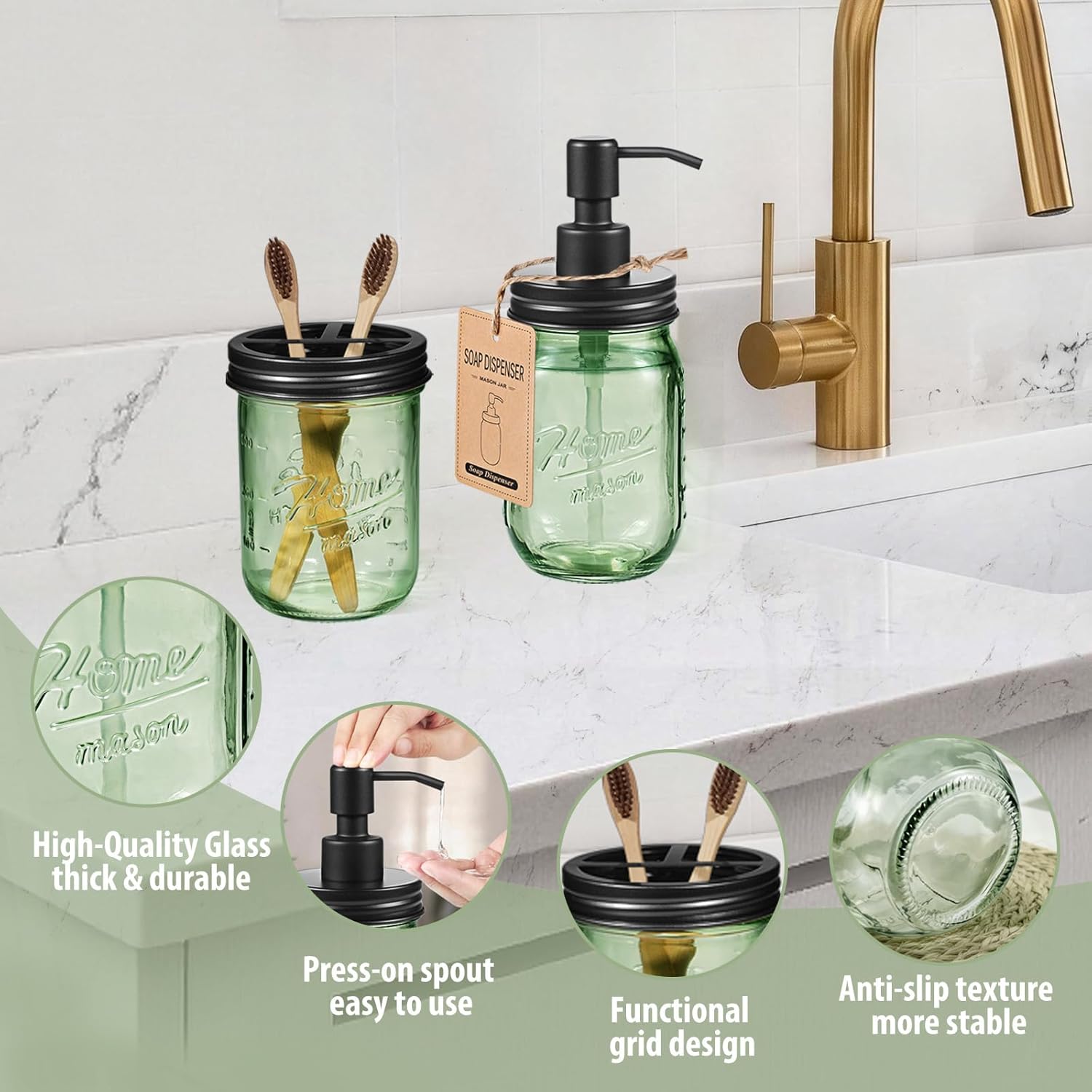 SheeChung 16Oz Mason Jar Soap Dispenser & 6 Pack Green Glass Bathroom Accessories Set, Soap Dispenser and Toothbrush Holder Set, Soap Dish, Metal Basket, Green Bathroom Decor