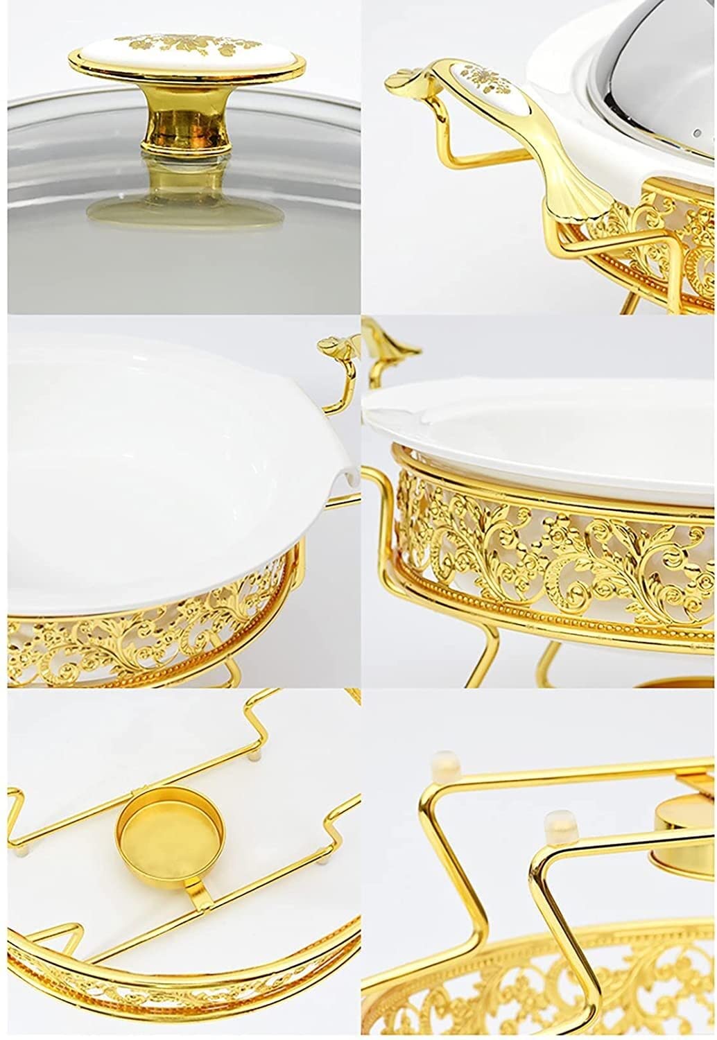 Set da Buffet per scaldavivande Dorati, Inserto Rotondo in Acciaio Inossidabile con Coperchio per Buffet, Matrimoni, Feste, Banchetti, Catering, Eventi, Dimensioni: 32 cm