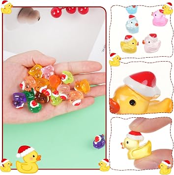 JIUZHU 160Pcs Luminous Christmas Mini Ducks, Glow in The Dark Xmas Mini Resin Ducks with Santa Hats, 16 Colors Tiny Ducks Bulk for Micro Fairy Garden DIY Miniature Dollhouse Decor