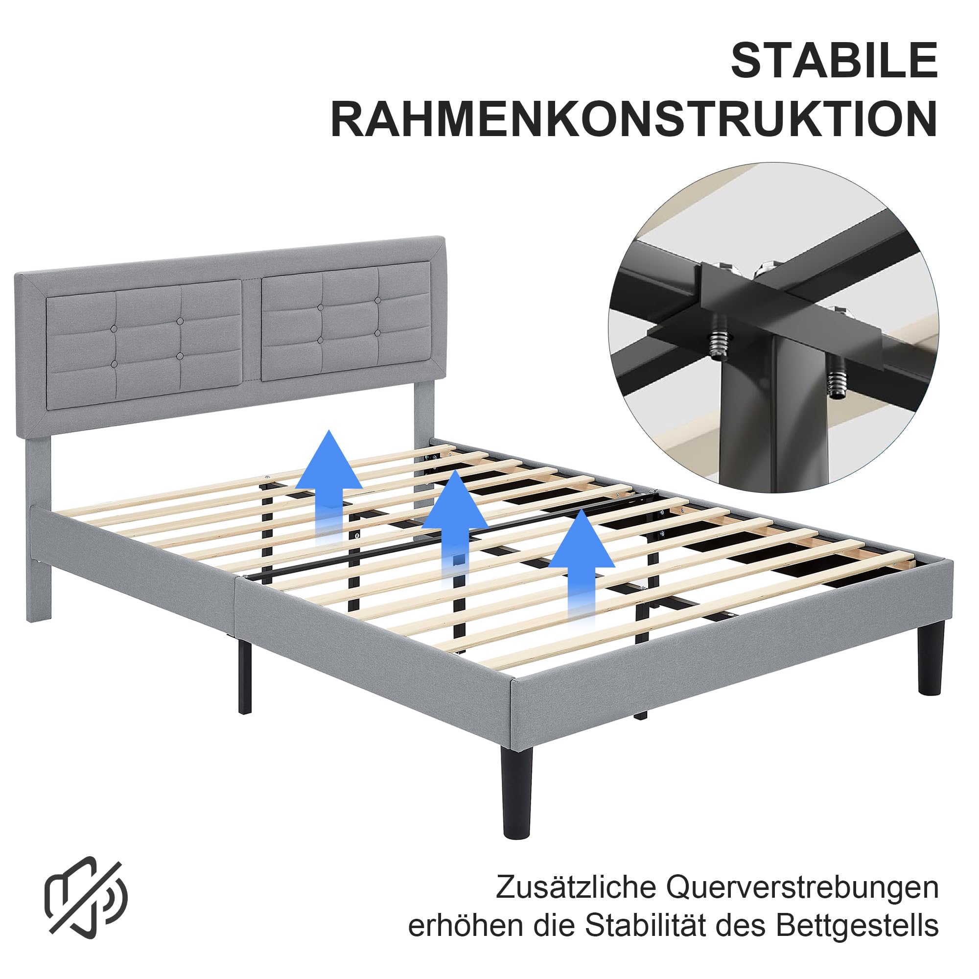 VECELO Polsterbett 140 x 200 cm, Doppelbett mit Höhenverstellbarem Kopfteil, Bett Bettrahmen mit Lattenrost, Gepolstertes Bettgestell Jugendbett für Schlafzimmer Gästezimmer, Hellgrau