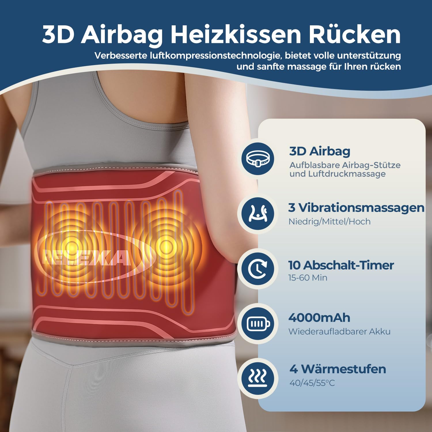 Wärmegürtel Rücken mit 3D-Airbag-Massagegerät, Kabelloses Heizkissen mit Abschaltautomatik, 4 Wärmestufen & 5 Vibrationmoden, Elektrisches Wärmegürtel Geschenke für Männer, Frauen Heating Pad for Back